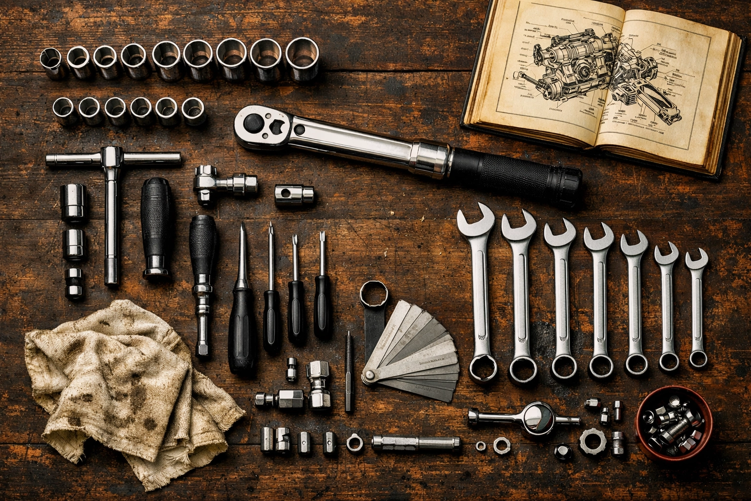 Professional tools and service manual used for custom auto fabrication and classic car repairs.