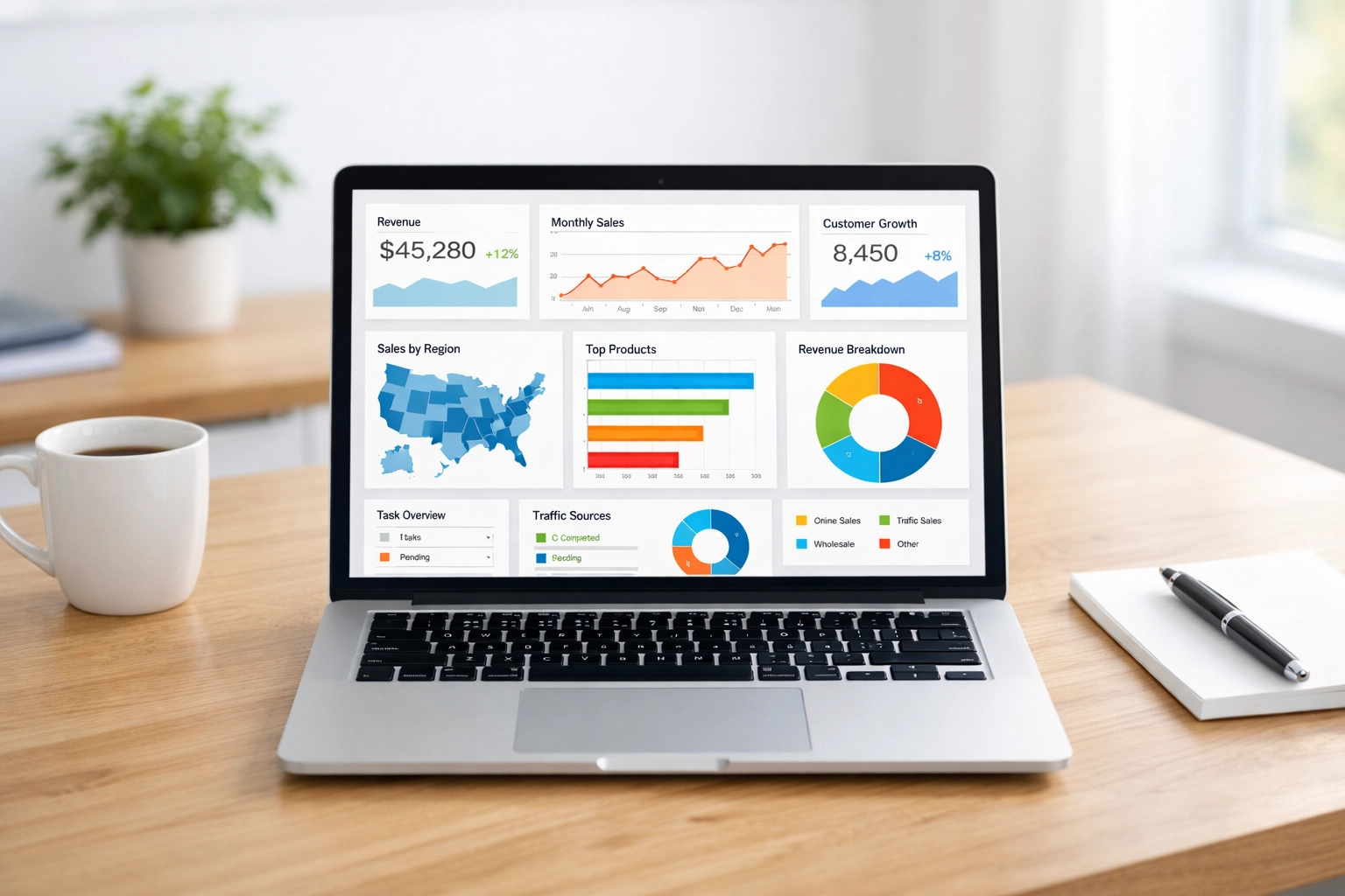 Organized CRM setup on a laptop dashboard showing automated business tracking and data.