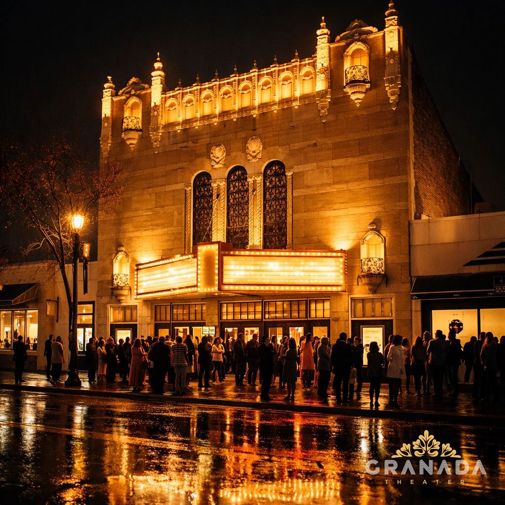 Guests line up outside the Granada Theater under the illuminated historic marquee on a rainy evening