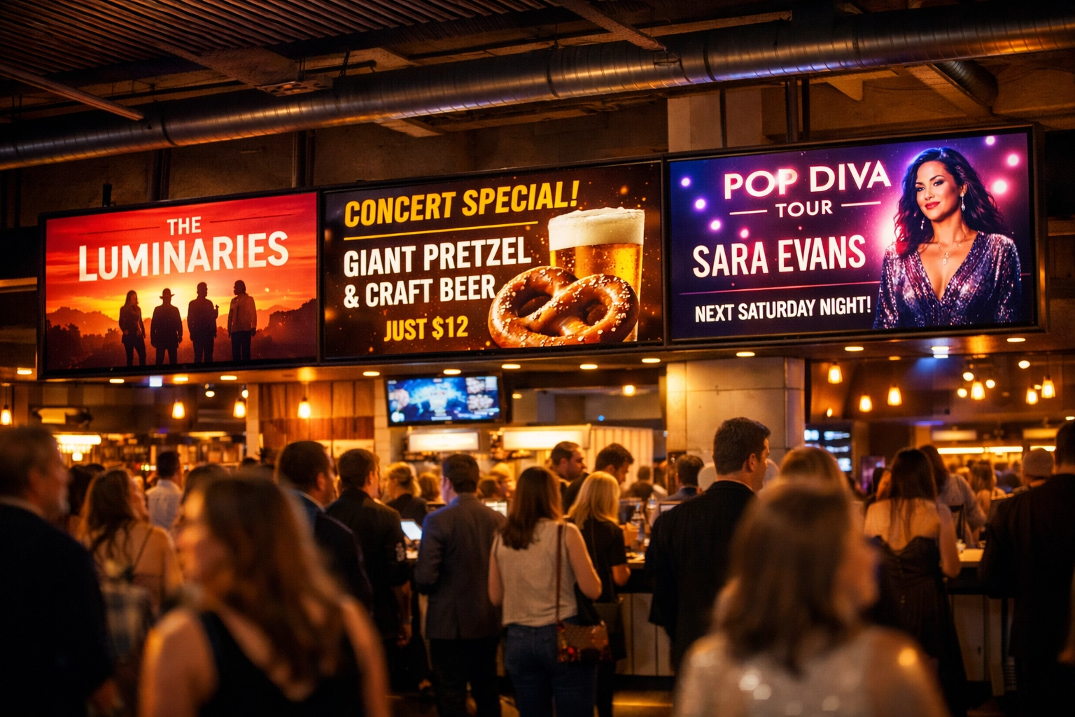 Digital signage displays in entertainment venue showing promotions above concession area during intermission