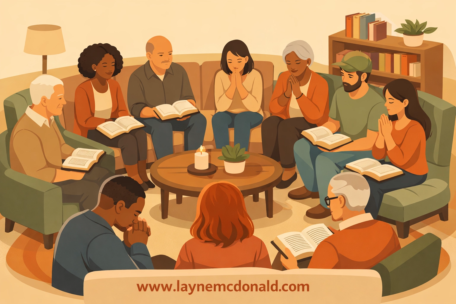 Small group of church members gathering for Bible study and prayer in living room