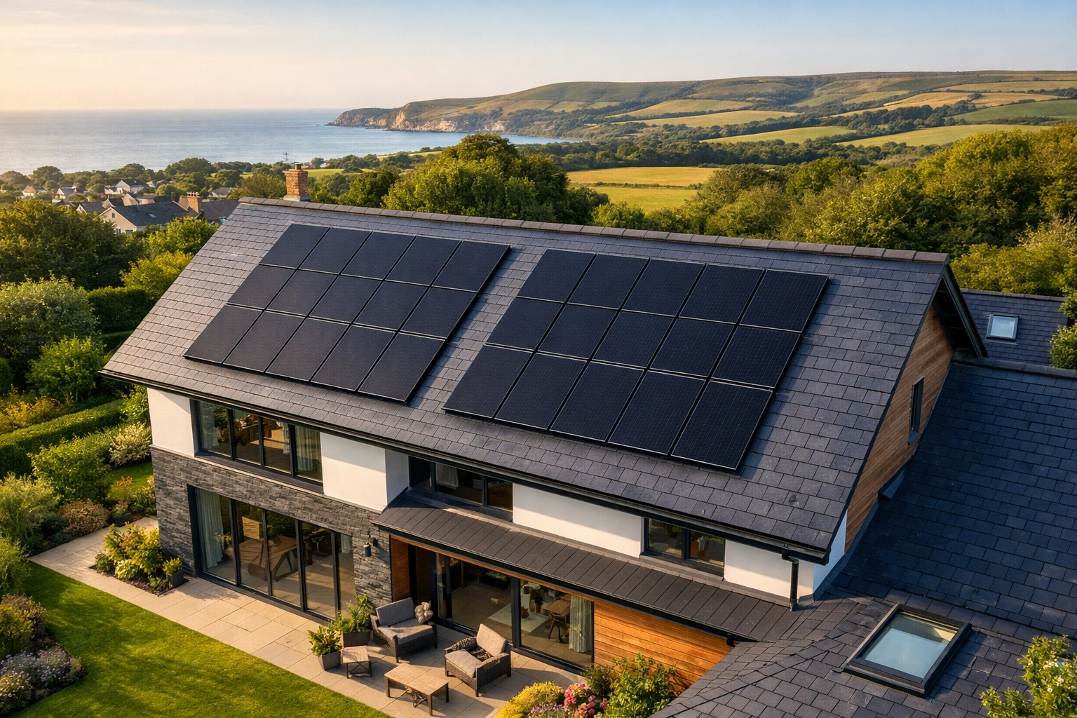 Modern residential home in Dorset with professional solar panel installation on a grey slate roof.
