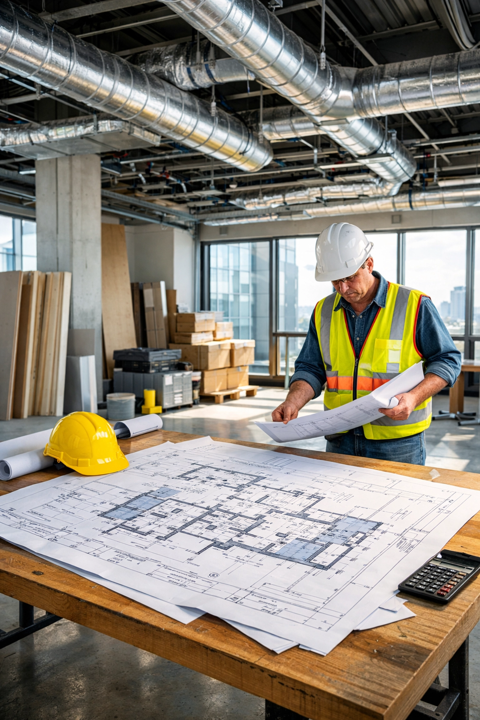 Commercial renovation contractor reviewing blueprints at Wilmington tenant improvement project