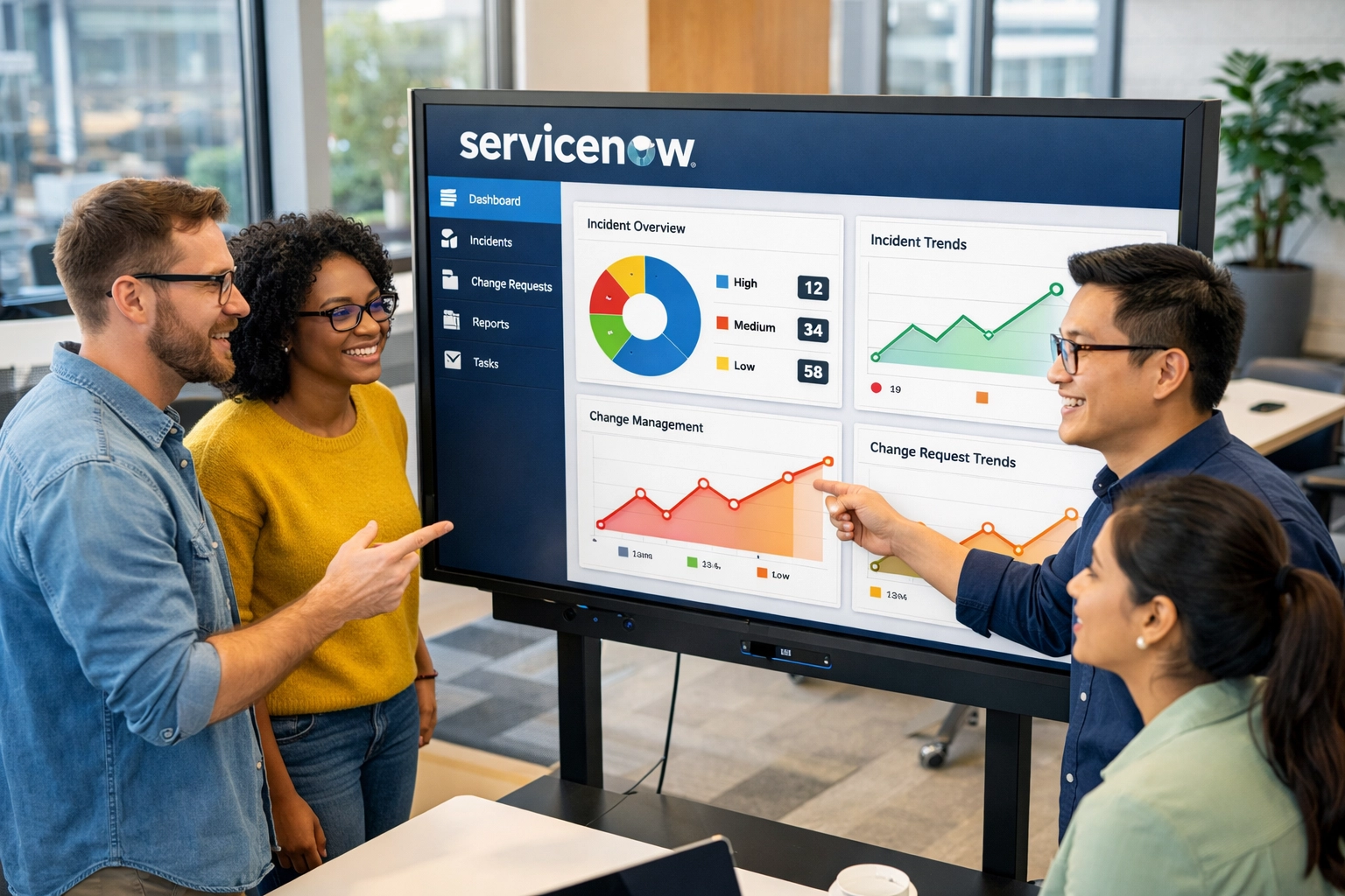 IT professionals collaborating on ServiceNow implementation partner selection with performance metrics