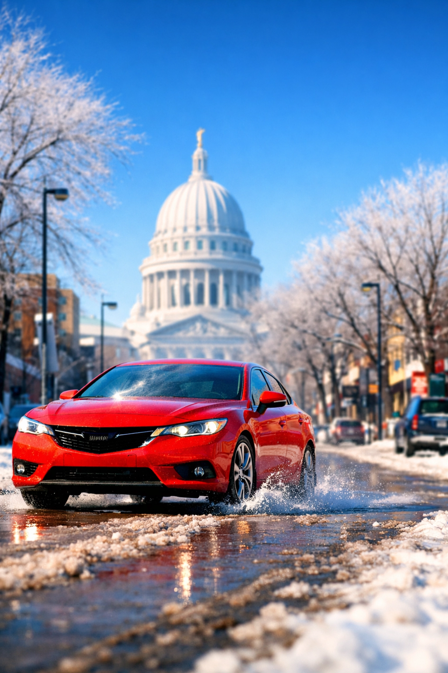 Car driving through snow in Madison WI, emphasizing the importance of an oil change Madison WI for winter.