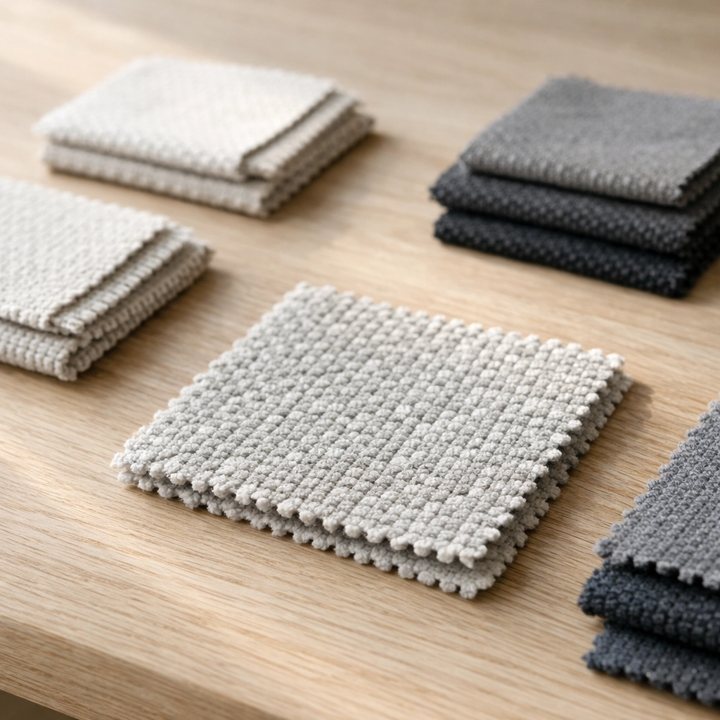 Close-up of textured commercial furniture upholstery fabric swatches in neutral grey and charcoal tones.