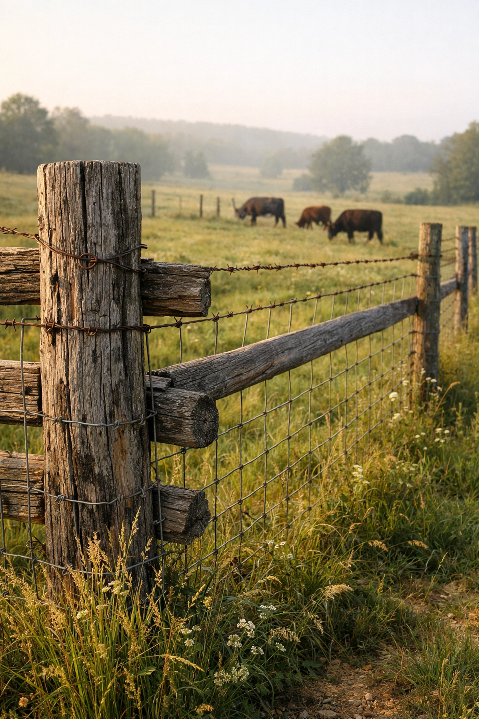 Agricultural fence with livestock in rural farm setting showing basic wire fencing design