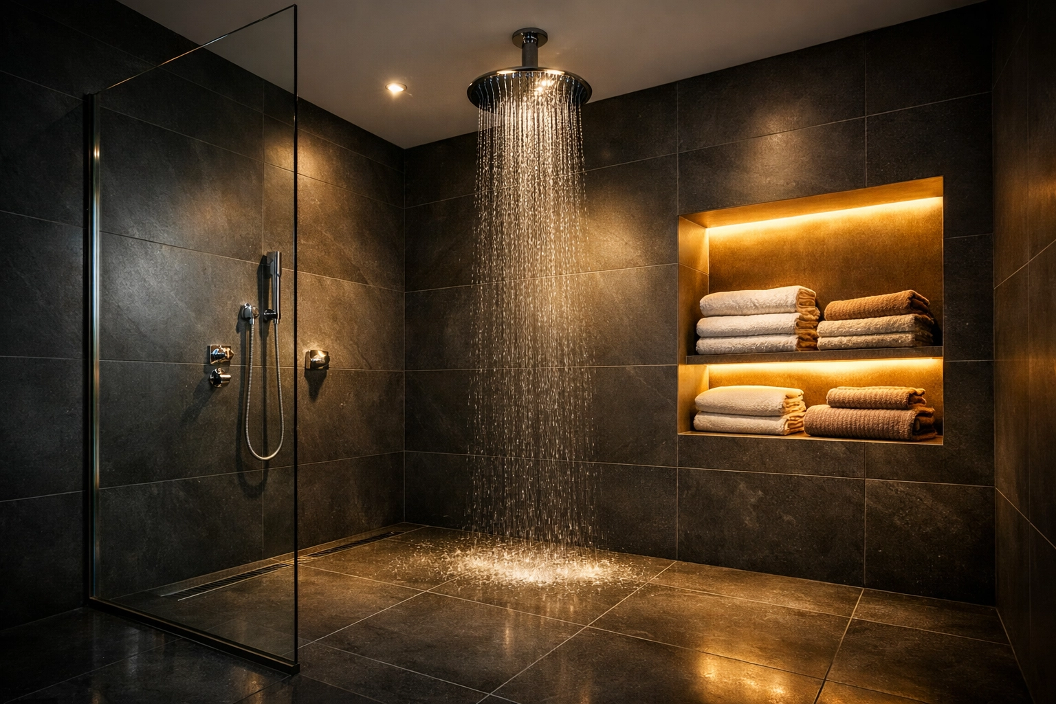 Modern luxury wet room with charcoal porcelain tiles and rainfall shower in a West Sussex home.