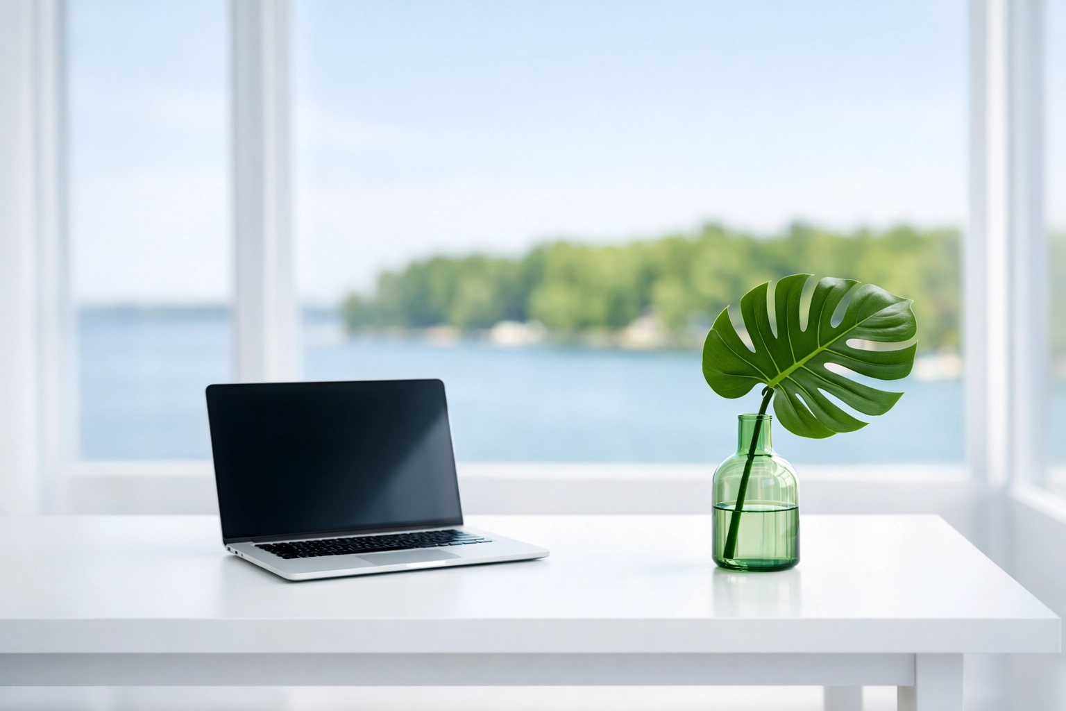 Bright home office overlooking Innisfil, used for managing small business website design and maintenance.