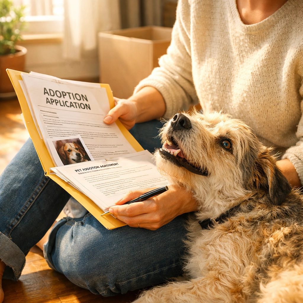 New owner reviewing adoption paperwork and microchip registration details with a scruffy rescue dog.
