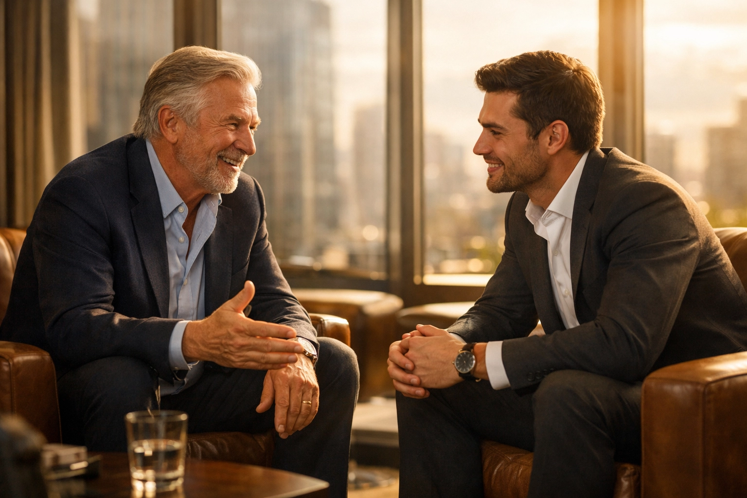 Business founder and executive in a trust-based meeting regarding phantom stock and retention.