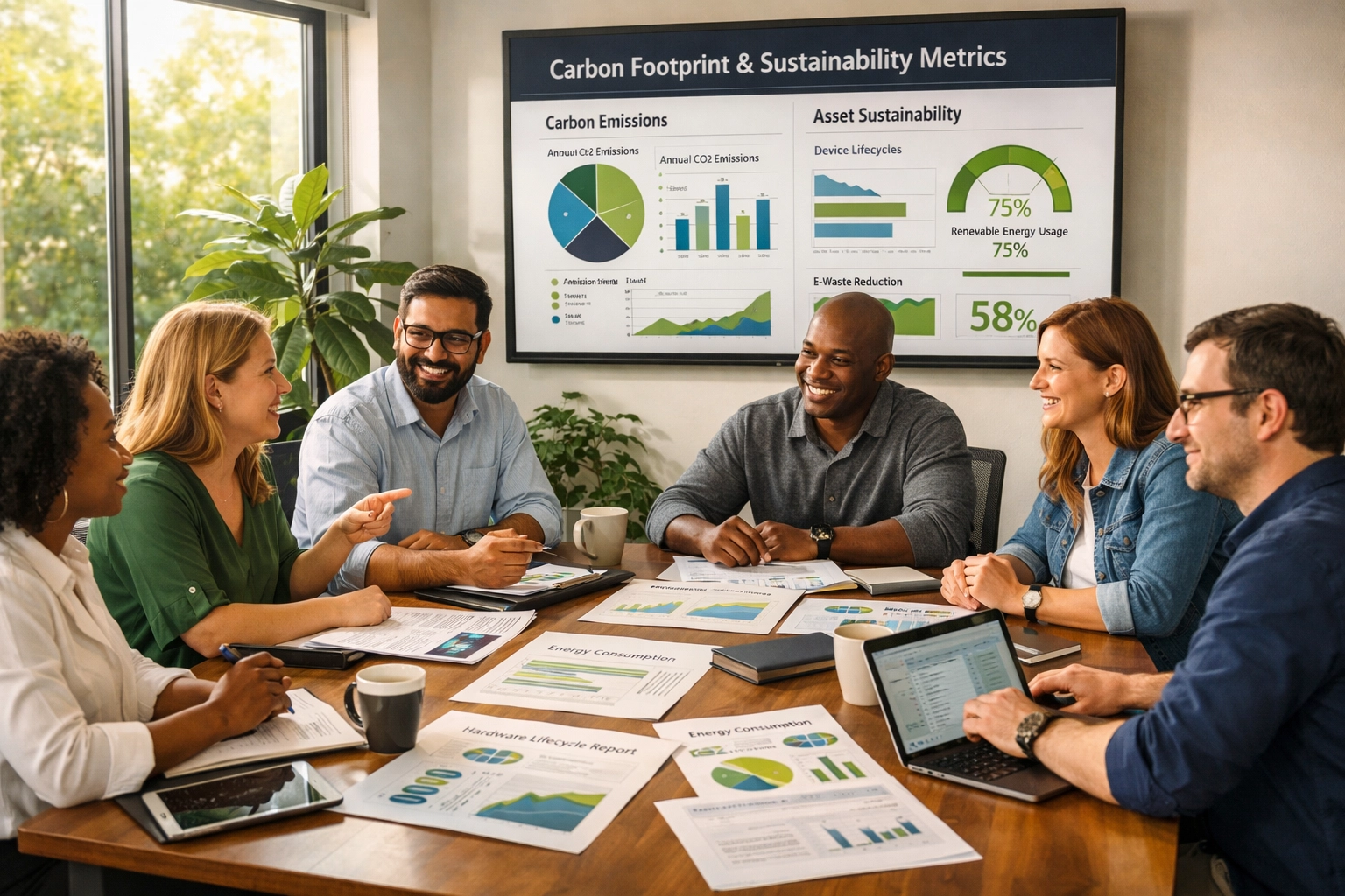 Teams collaborating on ESG compliance reports using ServiceNow ITAM sustainability metrics