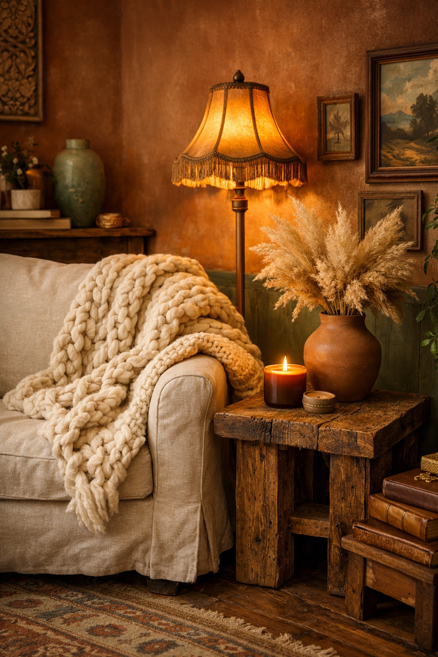 Cozy living room featuring thoughtful maximalism with handcrafted home decor and a knit wool throw
