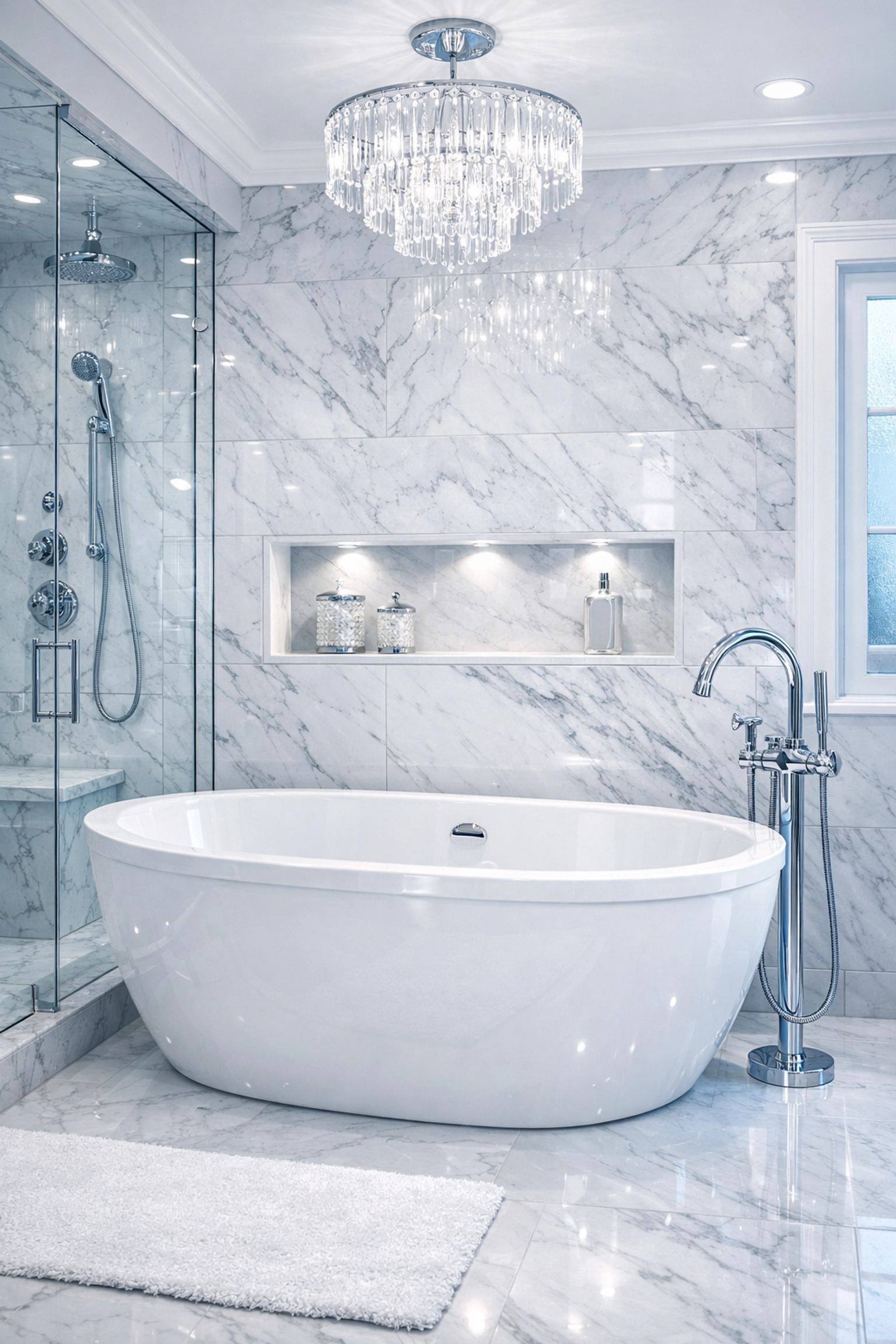 Sparkling clean luxury bathroom with marble tile from a specialized residential cleaning Massachusetts service.