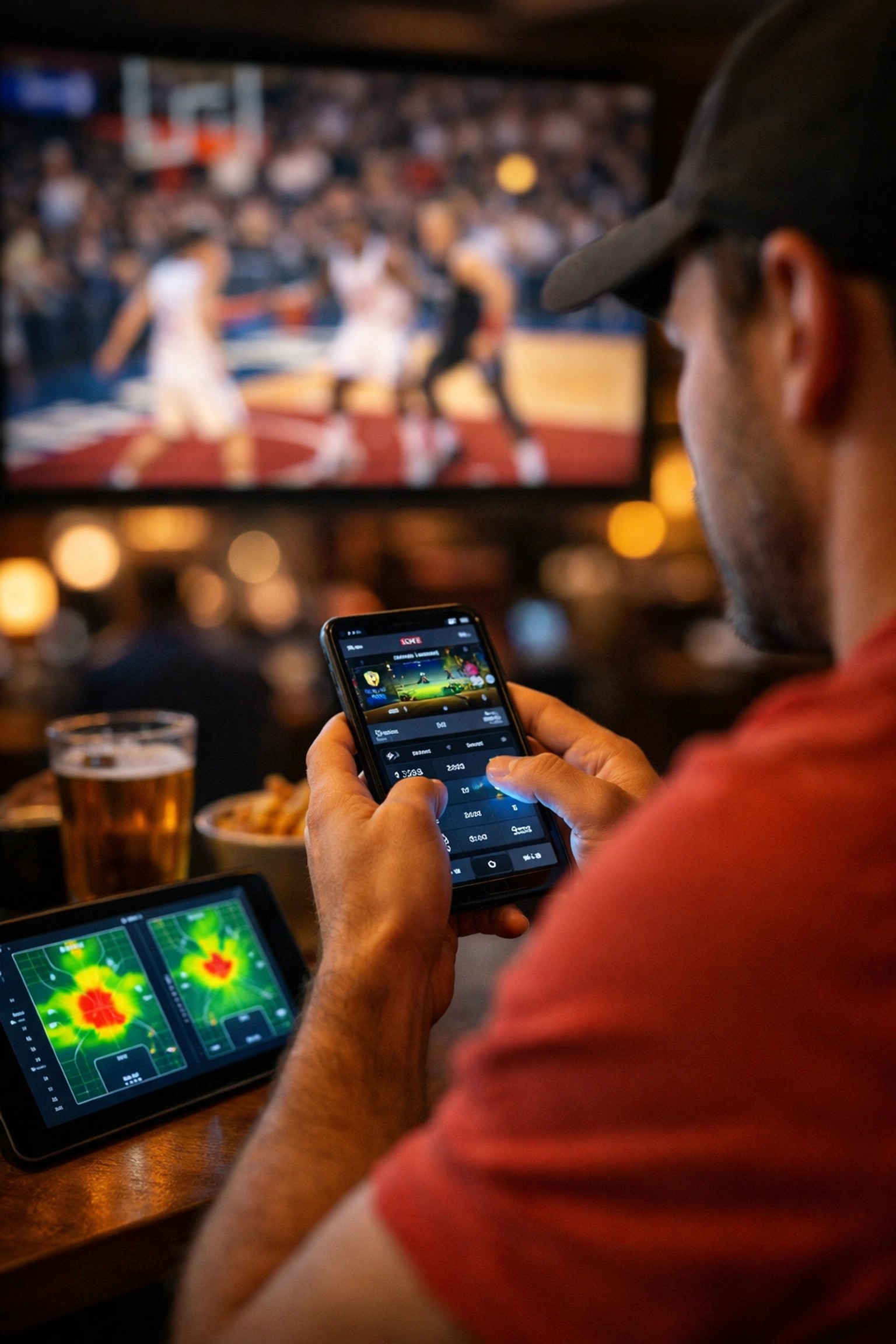 Sports fan engaging with multi-screen digital content in a modern sports bar environment.