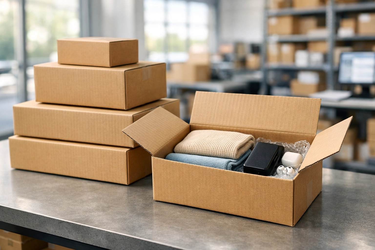 E-commerce retail goods in shipping boxes prepared for hassle-free UK to EU customs compliance and delivery.