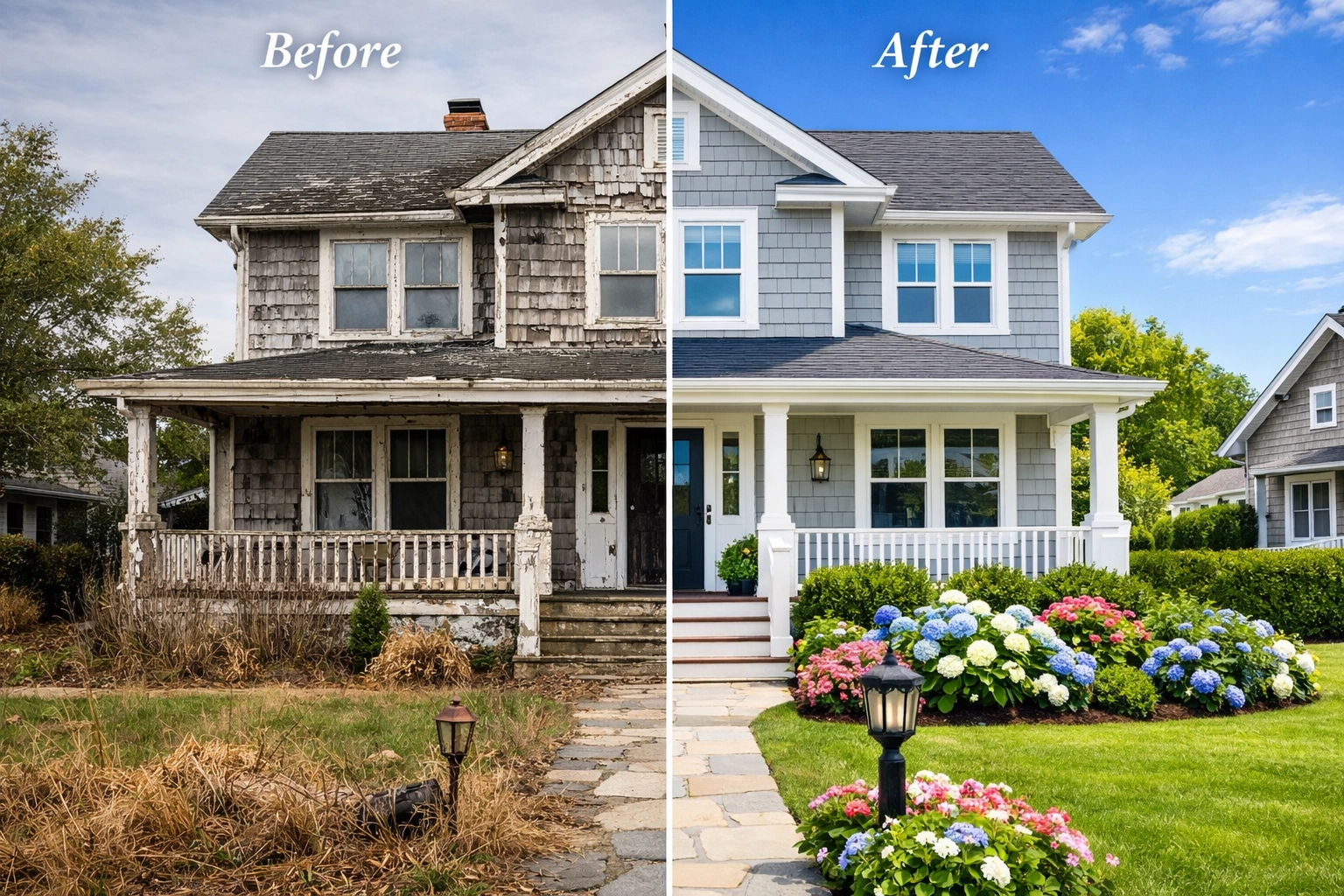 Before and after home exterior renovation showing grant-funded improvements