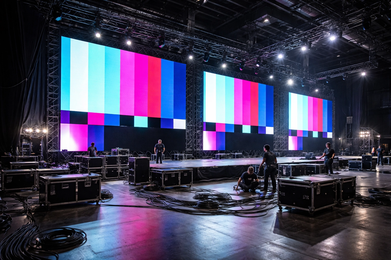 Crew calibrates giant LED video wall and stage equipment during live event setup, highlighting modern production technology