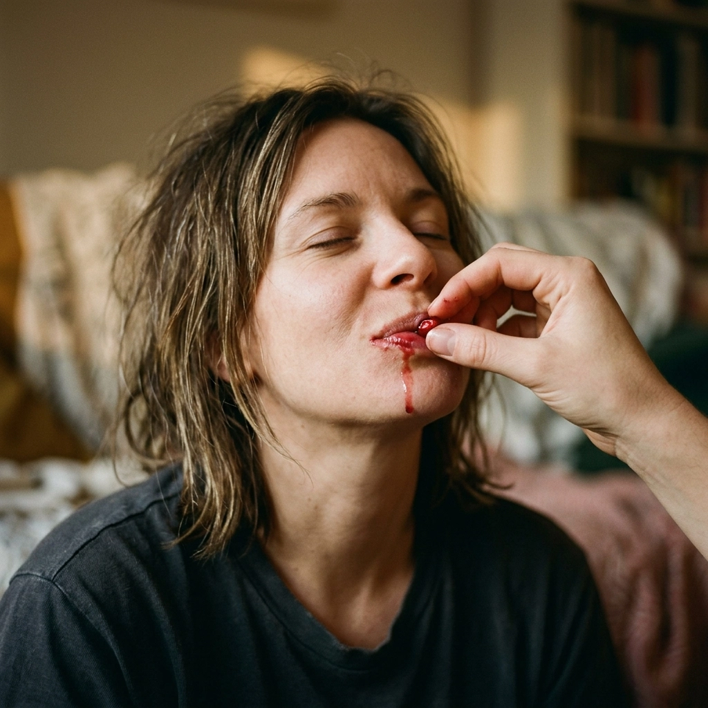 Close-up of a person being fed a pomegranate seed during a sensory sitophilia food fetish workshop.