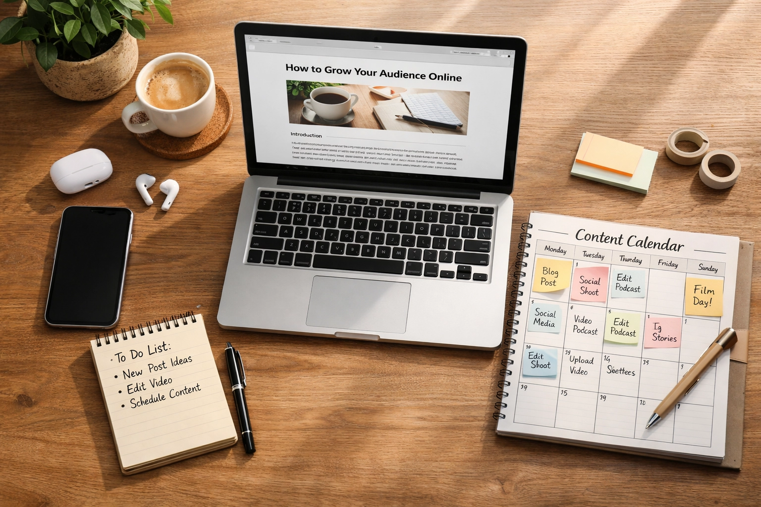 Organized content planning workspace with laptop, smartphone, and editorial calendar for bloggers