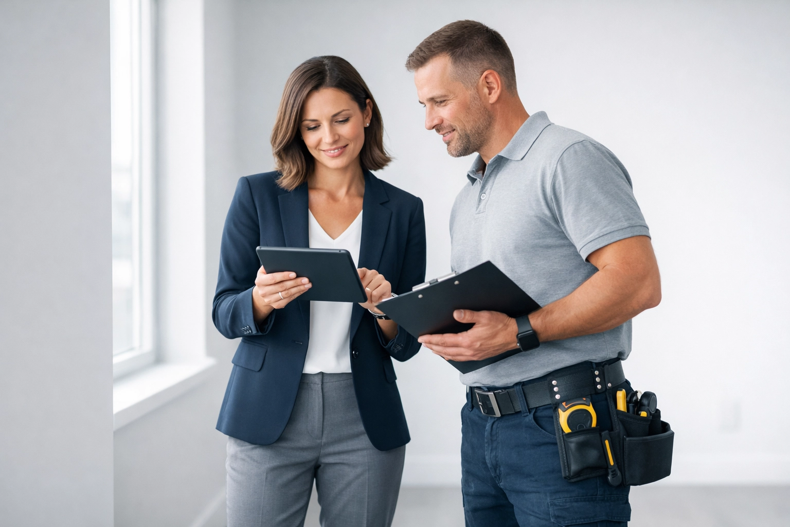 Property manager and contractor reviewing apartment turnover work plan on tablet
