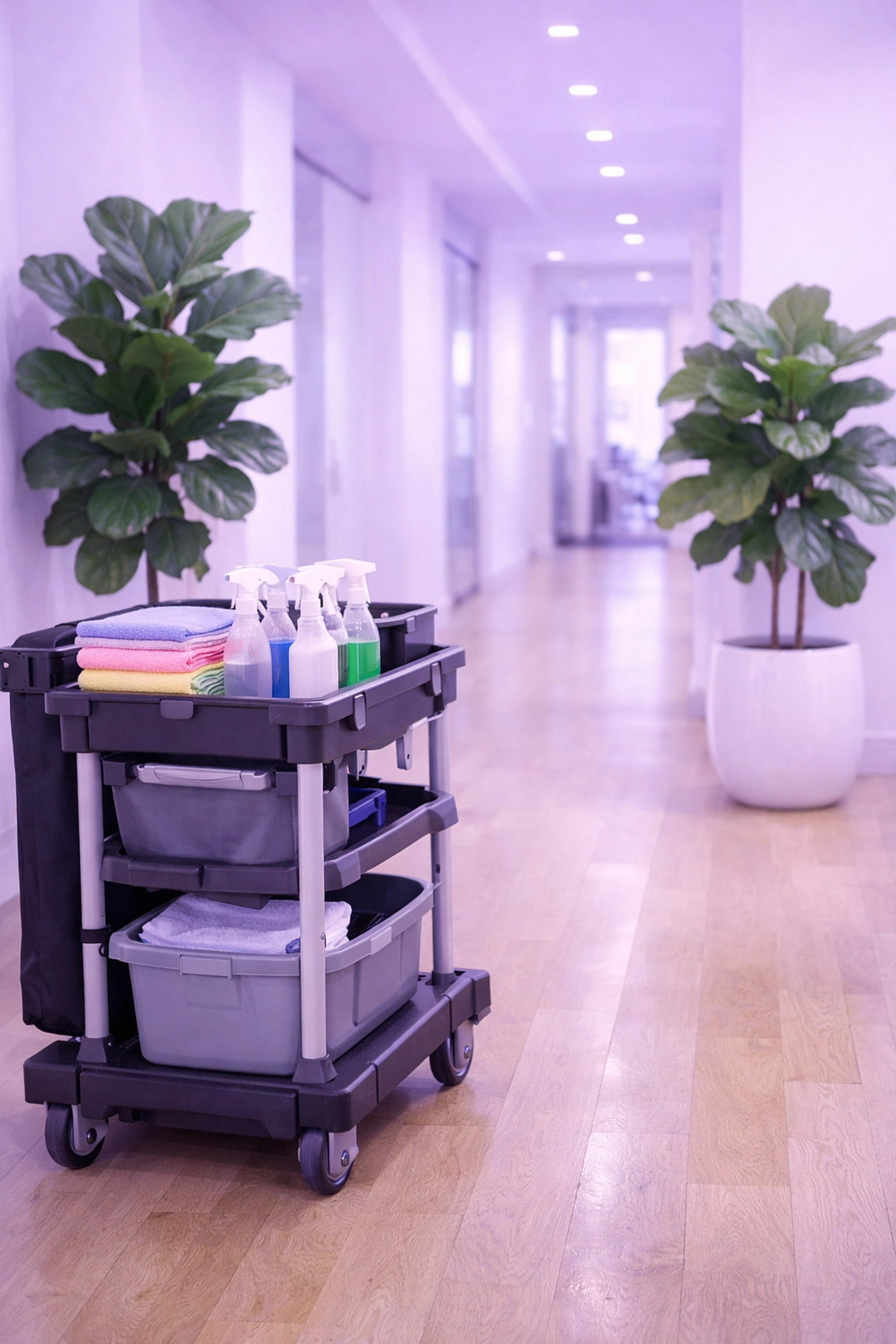 Clean office hallway and professional cleaning cart representing reliable commercial cleaning in Cedar Falls.