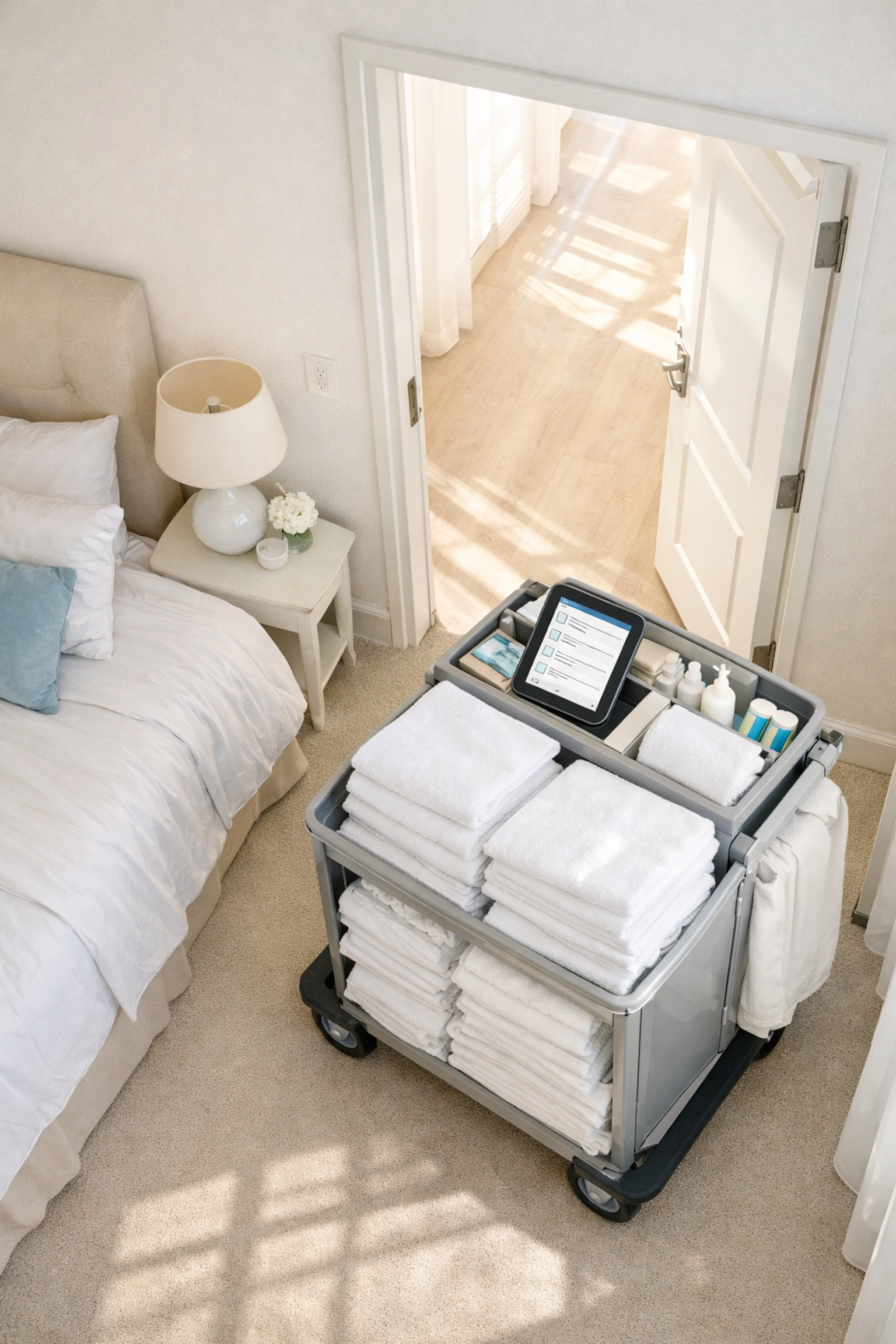 Hotel housekeeping cart with automated task management system for room status updates