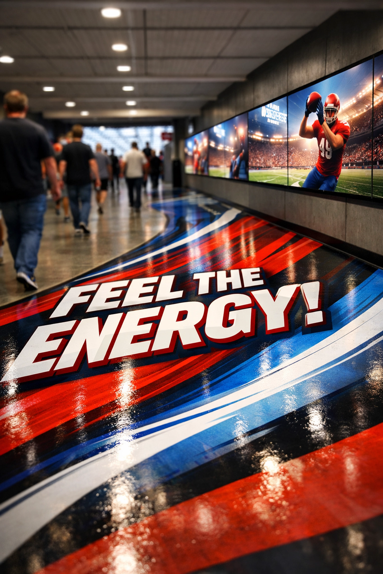 Modern stadium concourse with branded vinyl floor graphics and synchronized digital advertising screens.