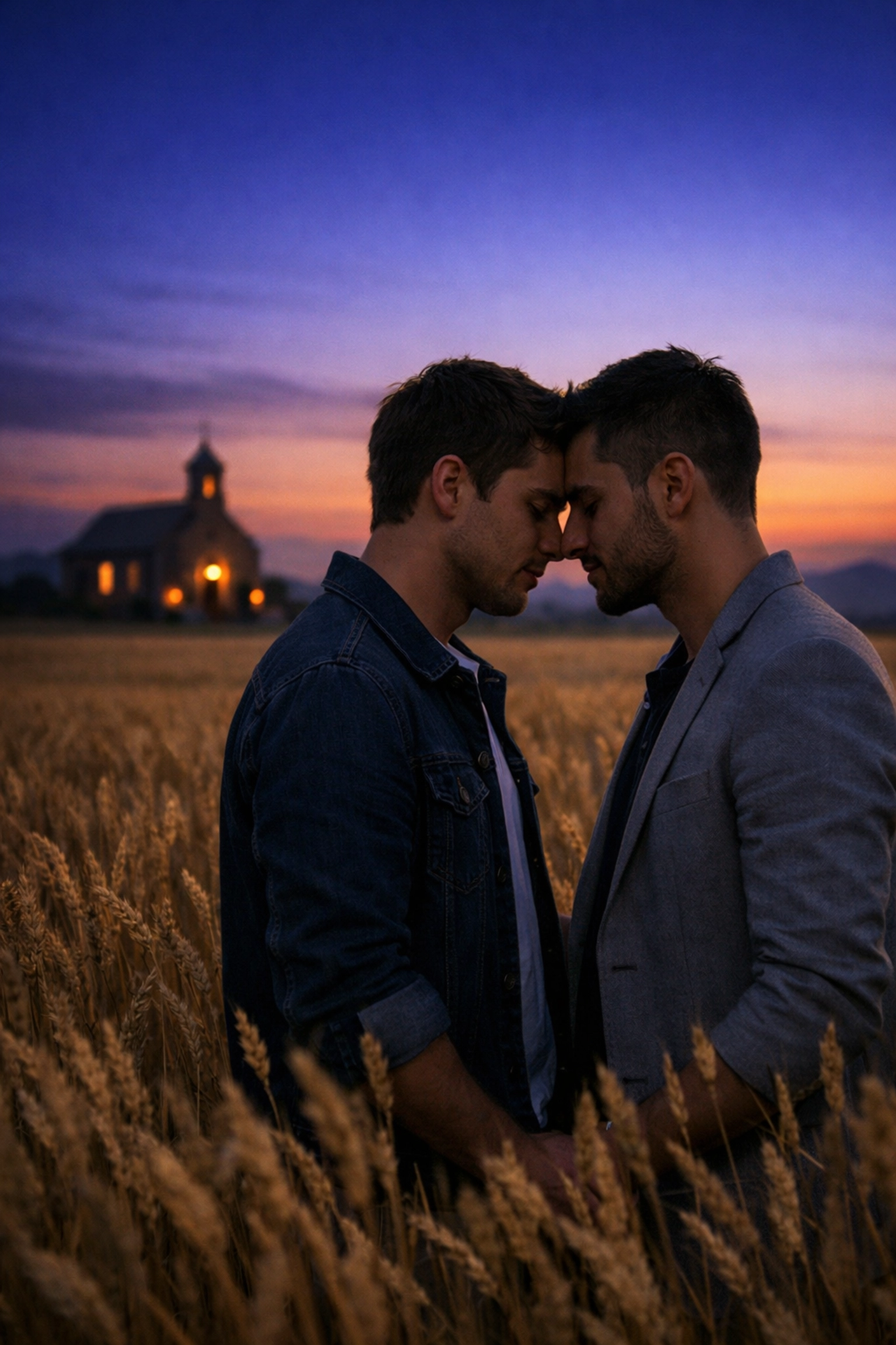 Gay couple in a twilight field near a chapel, symbolizing the complex journey of LGBTQ+ Mormons and faith.
