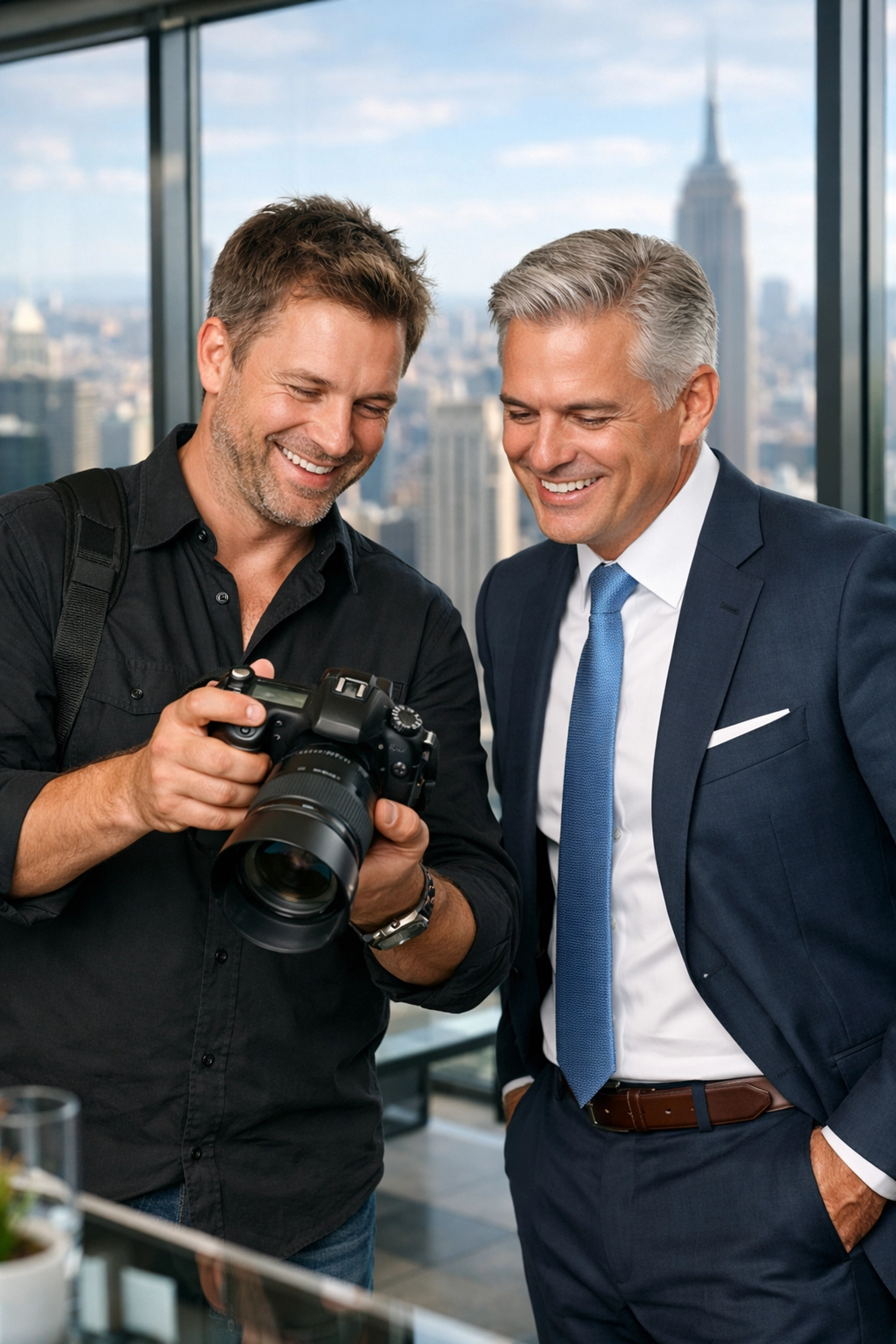 Professional photographer showing a preview of a corporate shoot to a satisfied client in a modern city office.