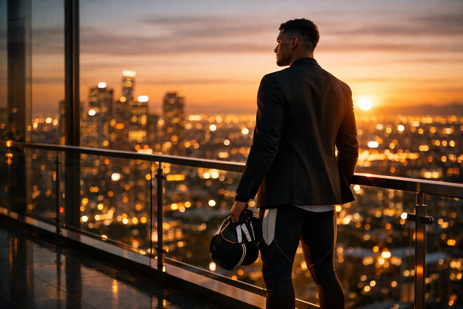 Athlete in professional attire overlooking a city, representing NIL personal branding and business growth.