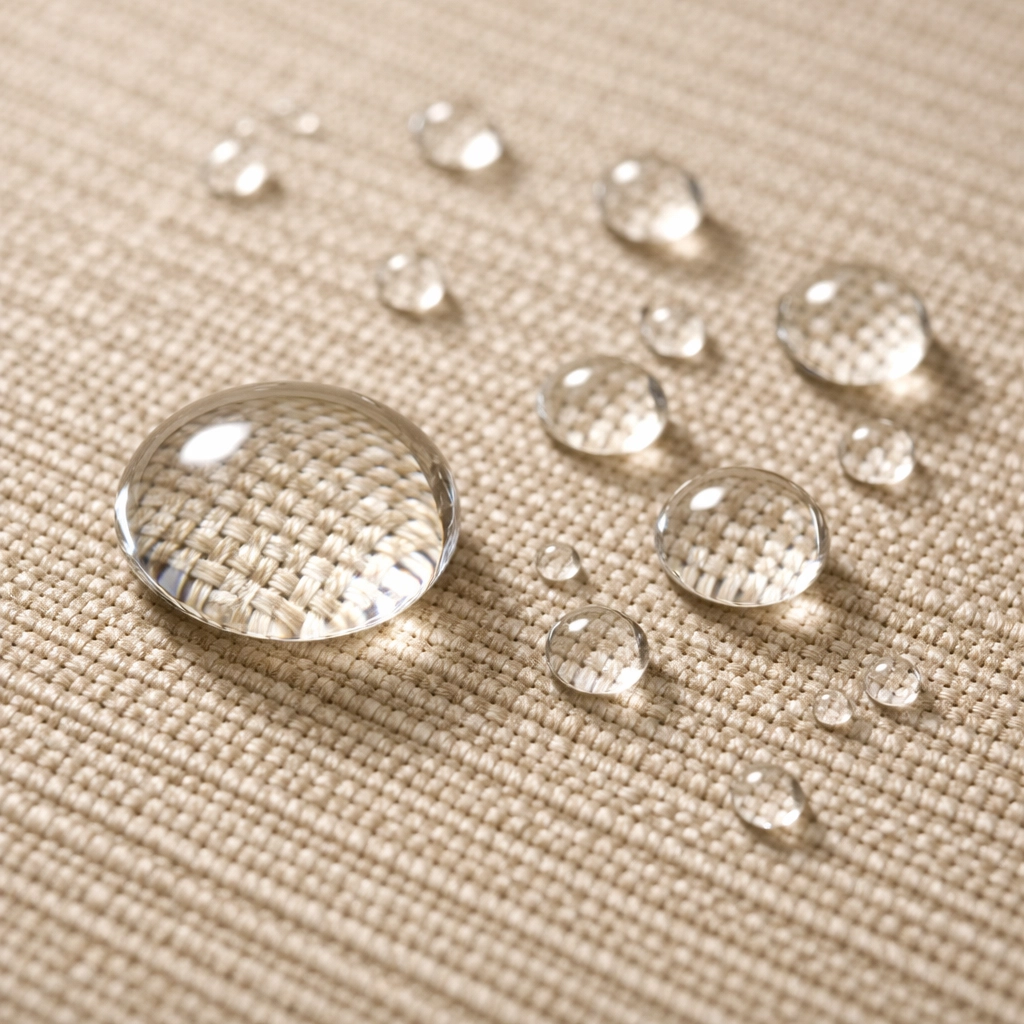 Hochwertiger, wasserdichter Markisenstoff mit Abperleffekt für langlebigen Sonnenschutz und einfache Pflege.