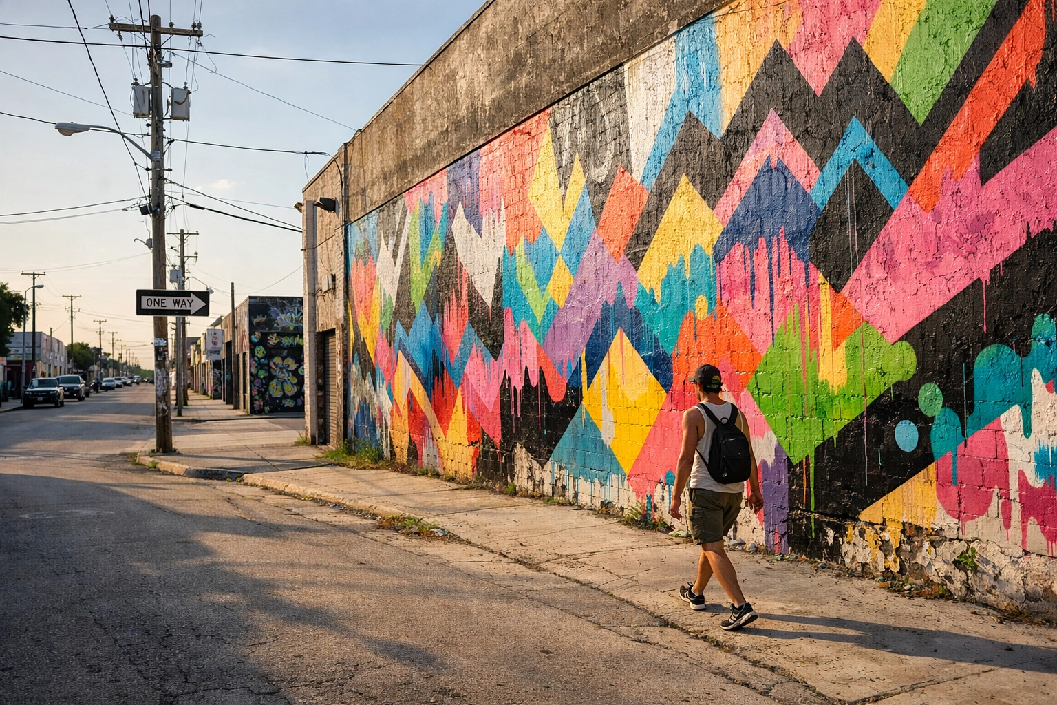 A person walks past vibrant street art murals in the Wynwood Art District of Miami.