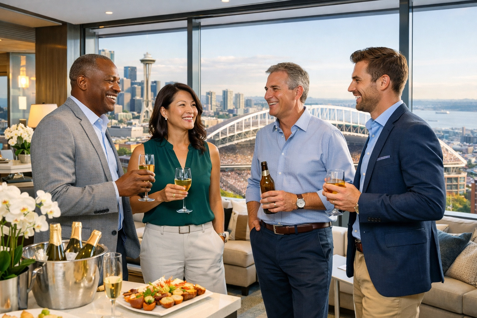 Executives networking in a luxury hospitality suite overlooking the Super Bowl host city.