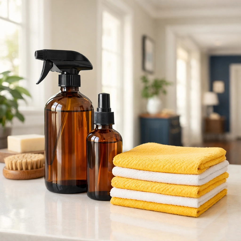 Eco-friendly glass spray bottles and yellow microfiber cloths for safe deep cleaning in Marblehead.
