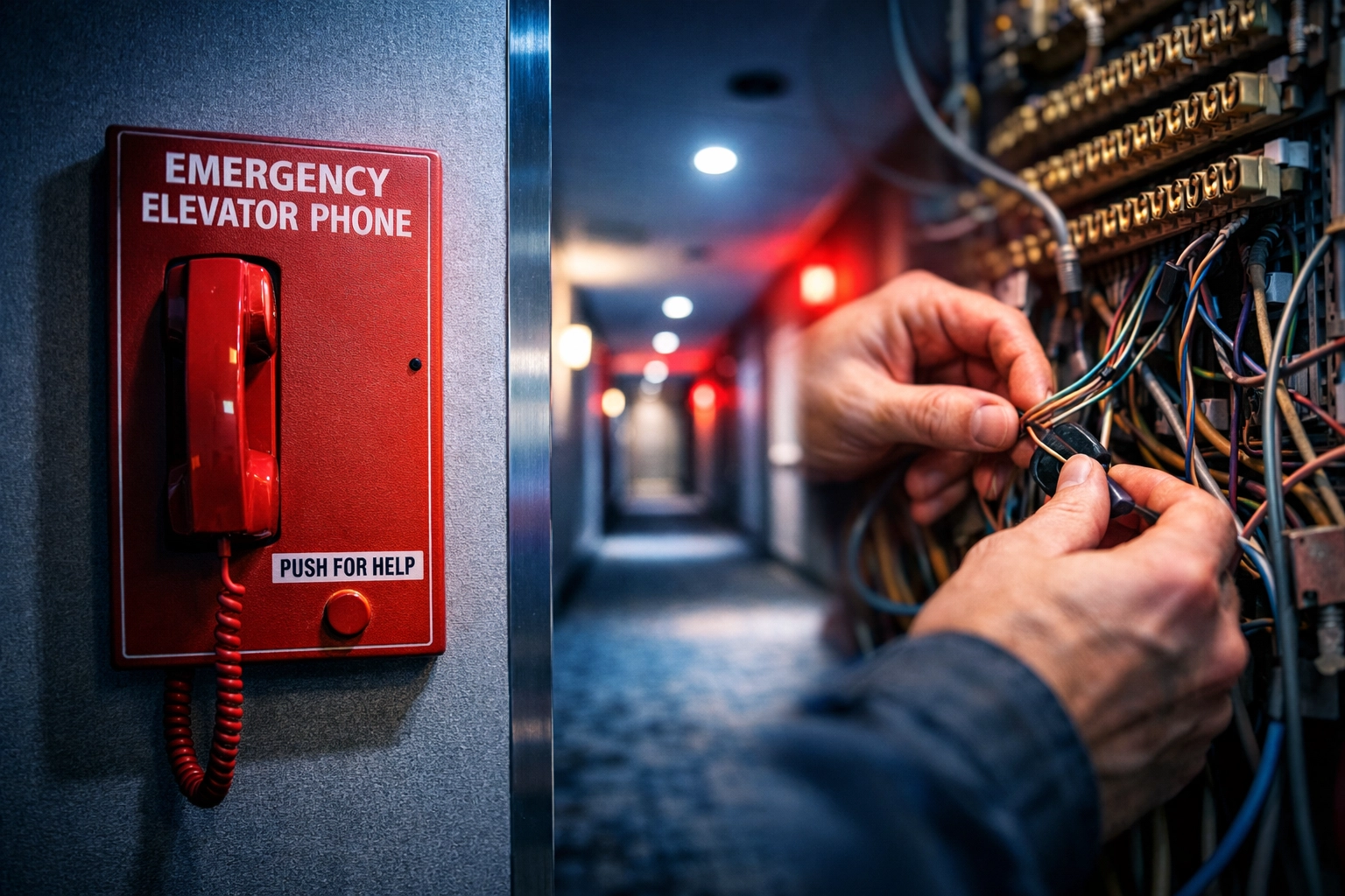 Hotel elevator emergency phone with copper POTS wiring being replaced by technician