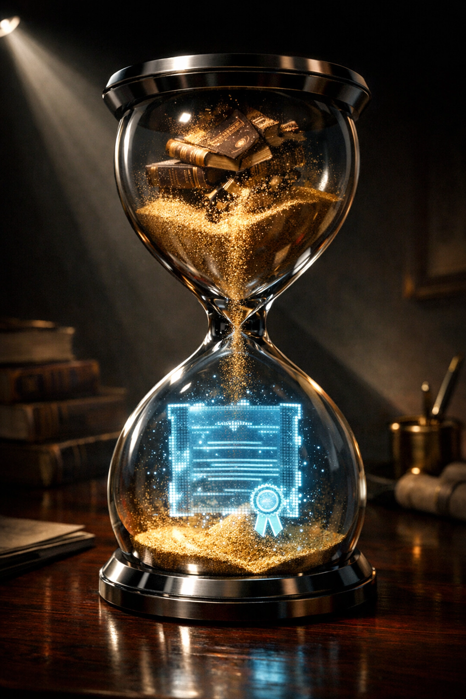 An hourglass with textbooks turning into a fake degree certificate, illustrating online education scams.