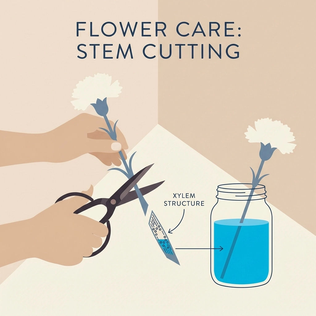 Cutting a white carnation stem at an angle for optimal water and dye absorption in DIY color-changing flower activity