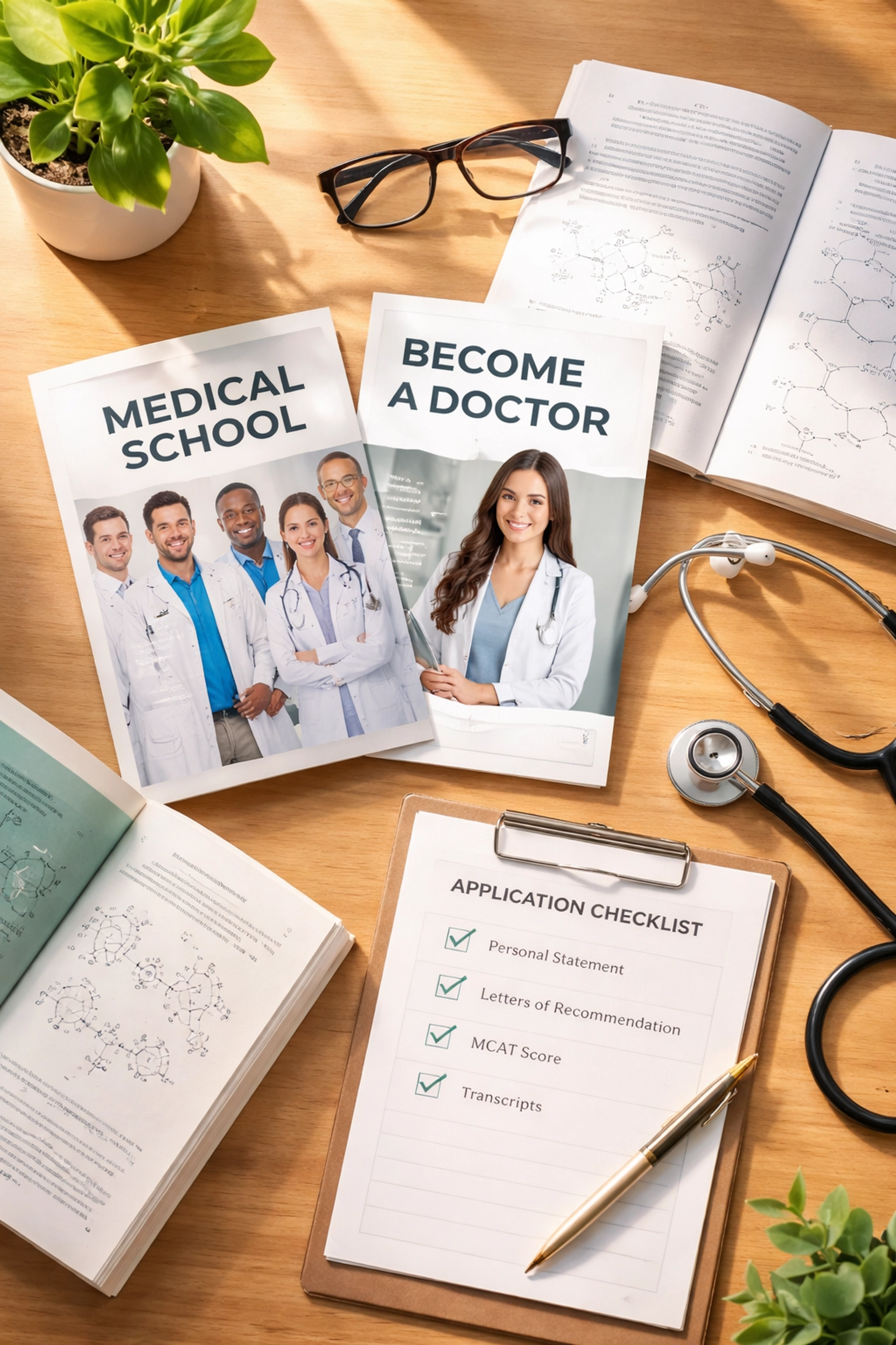 Top medical school application essentials on a desk, including chemistry textbooks and a stethoscope