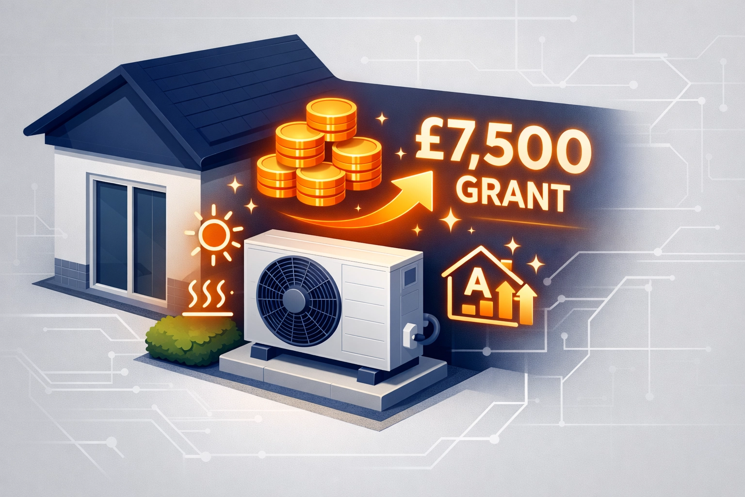 Isometric illustration of an air source heat pump installation showing financial savings and government grants.