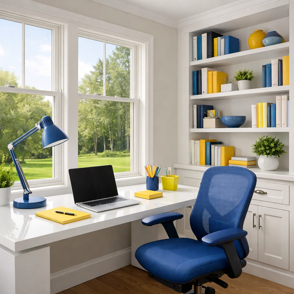 A tidy and bright home office in Massachusetts maintained by a weekly house cleaning service.