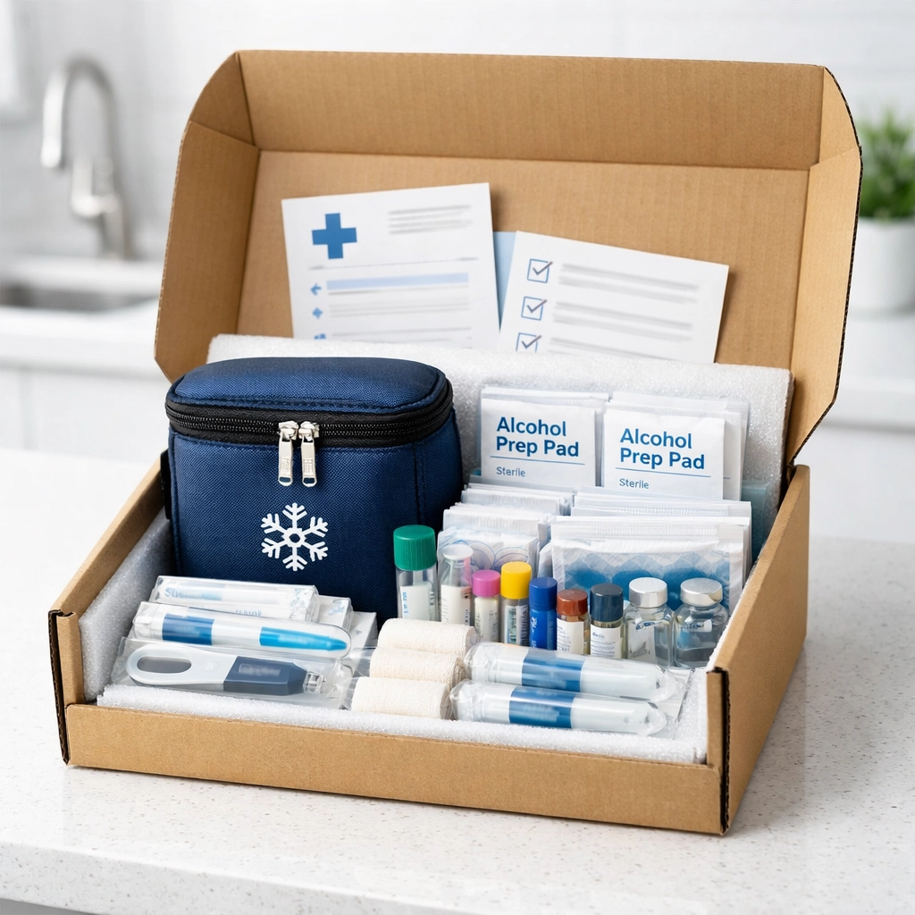 A professional medical delivery box containing weight loss medication and injection supplies.