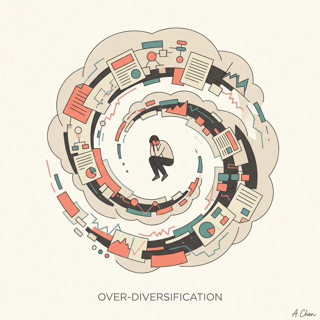Illustration of an investor overwhelmed by paperwork and data, highlighting the pitfalls of over-diversification.