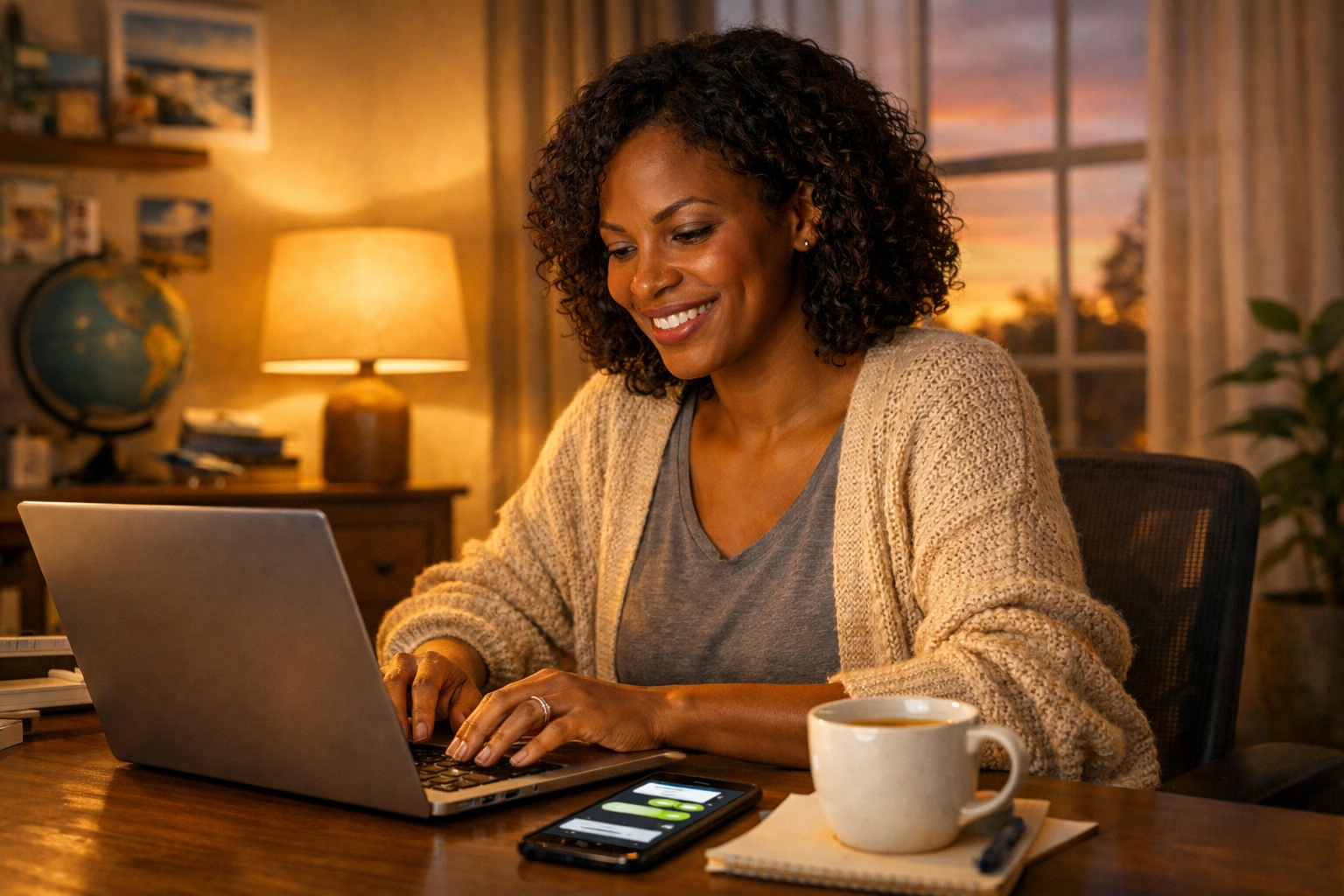 Travel agent responding to client emails during evening routine at home office desk
