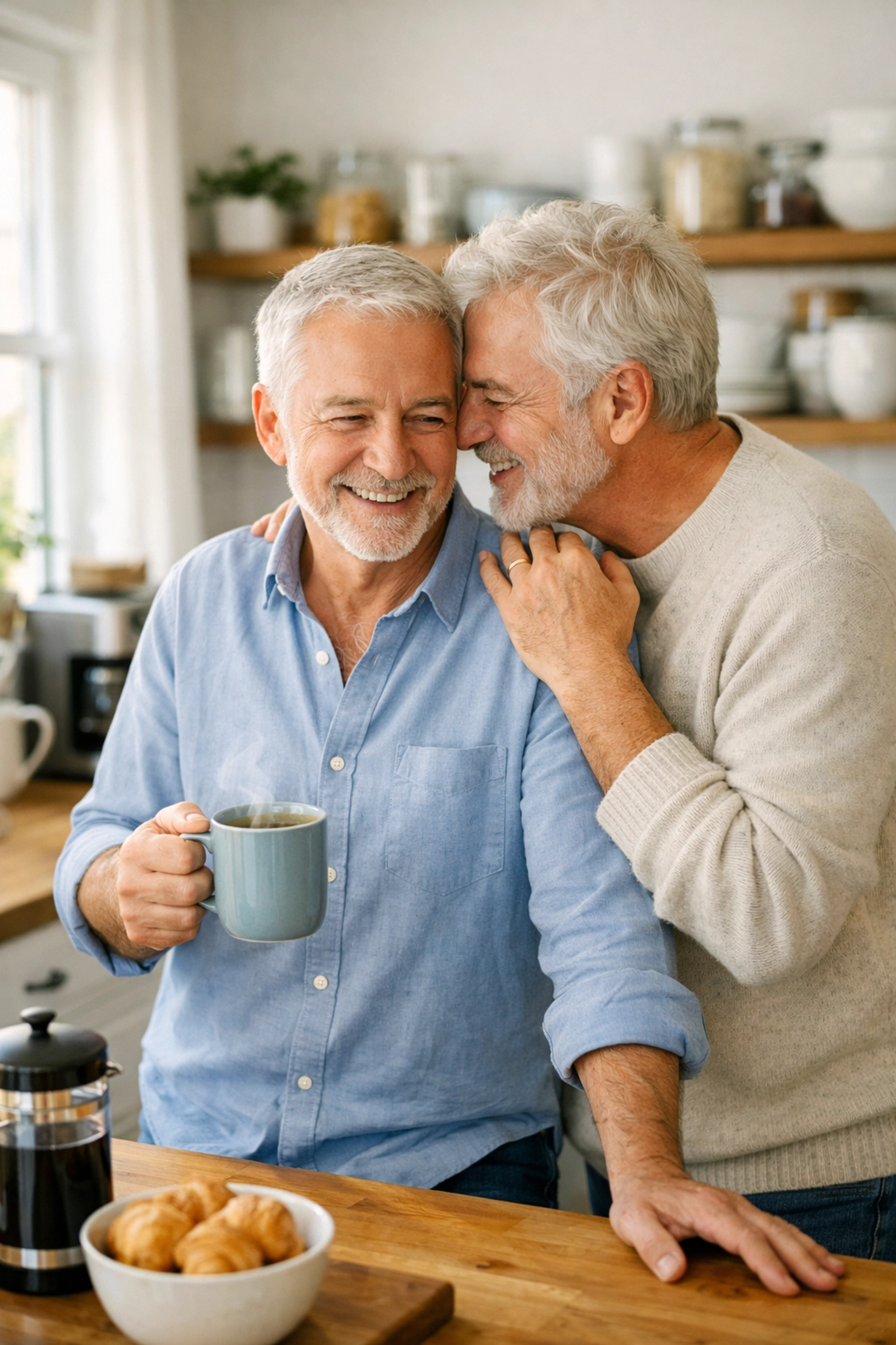 An older gay couple sharing coffee in a kitchen, symbolizing authentic LGBTQ+ representation and late-life love.