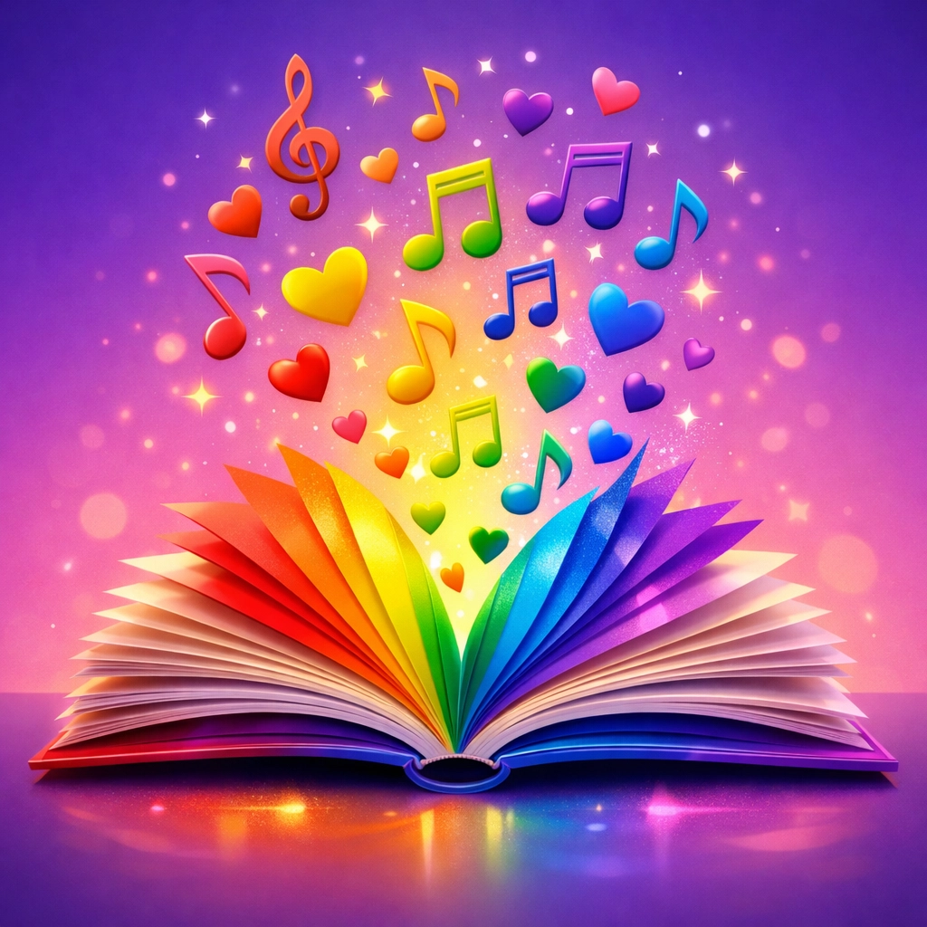 Rainbow book pages transforming into music notes representing LGBTQ+ stories and pop culture