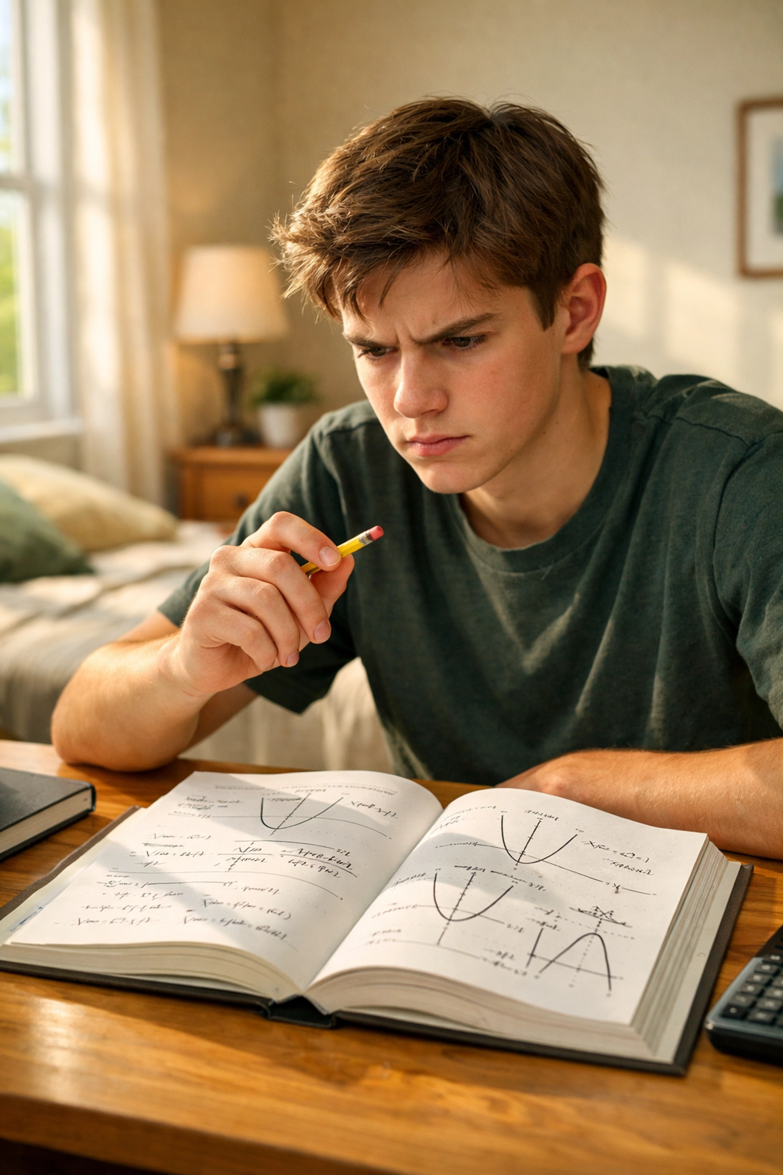 Student studying SAT quadratic equations at desk with math textbook