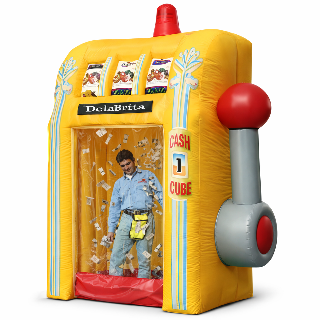 Inflatable cash cube rental shaped like a slot machine