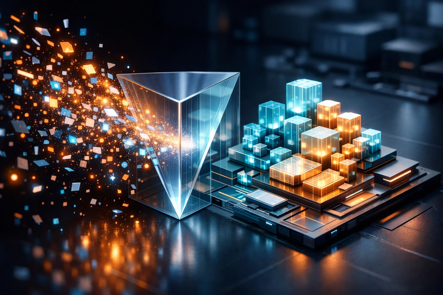 Visual representation of disorganized digital data being structured for AI search engine extraction.