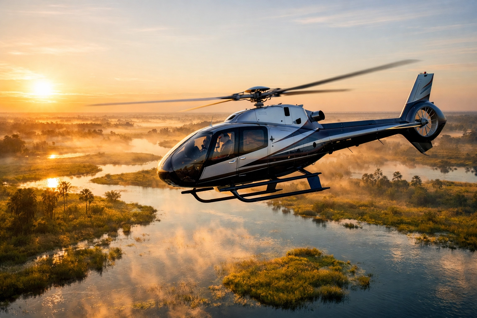 Exclusive helicopter safari over Okavango Delta waterways during a luxury African vacation.
